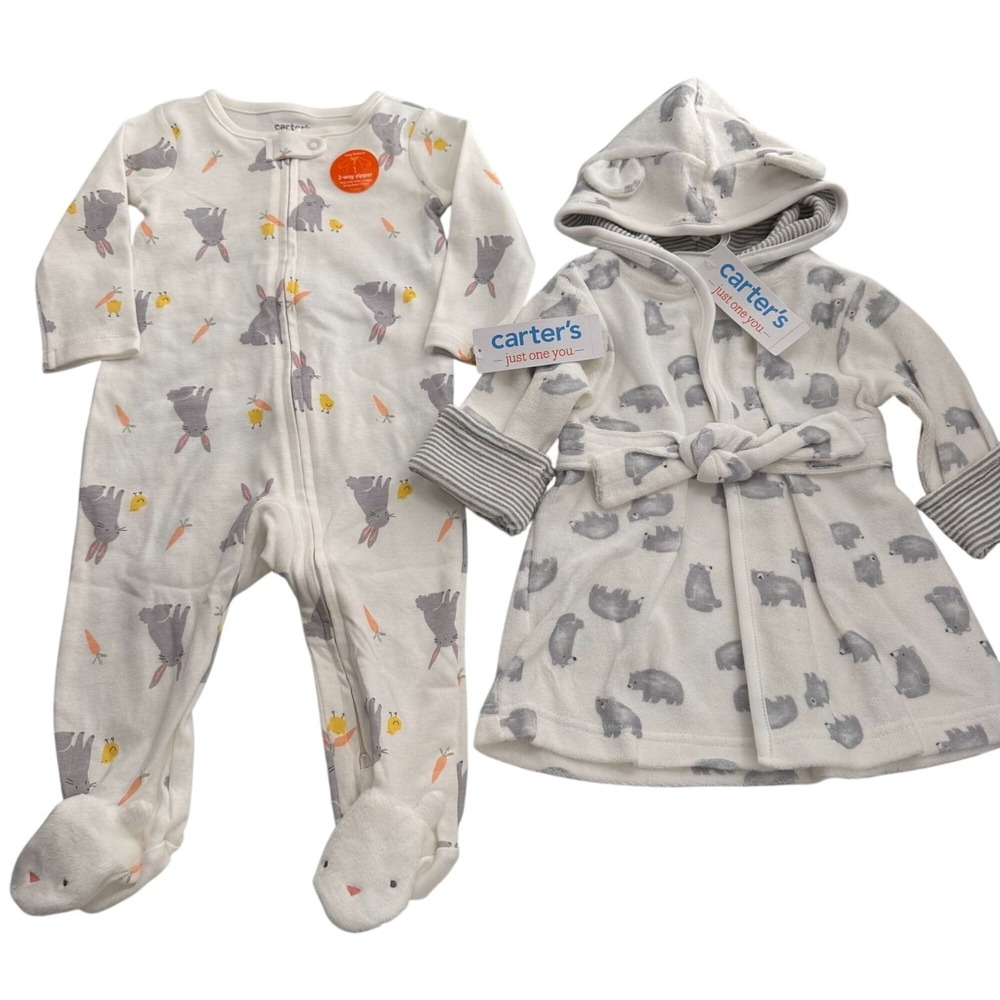 Carters Easter Baby 2-Piece‎ Set Bunny Footie Pajamas Hooded Robe 9M Cotton